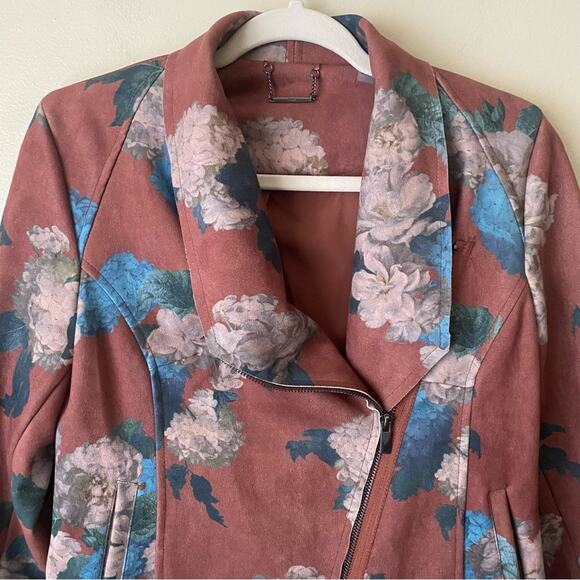 Elie Tahari | Faux Suede Floral Printed Drape Front Zip Jacket Pockets Brown S - Picture 4 of 10